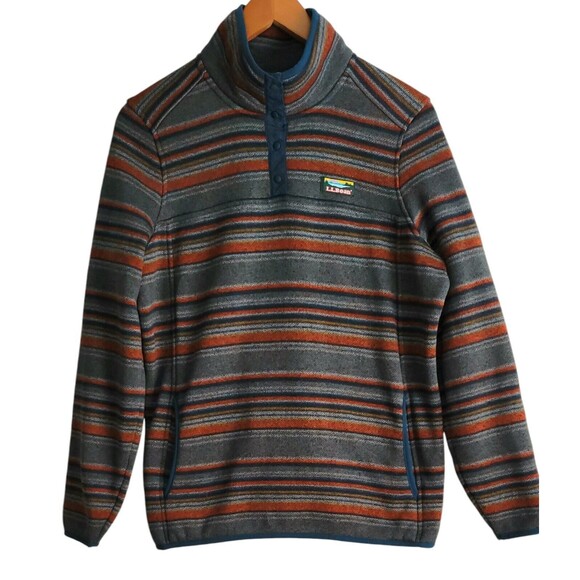 L.L. Bean Blue Orange Large Sweater Striped Pullover Blue Orange Gray w/ Pockets - Picture 1 of 7